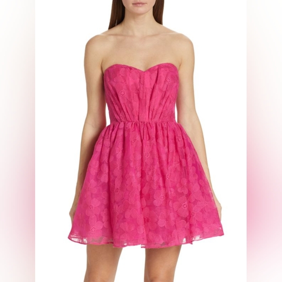 ML MONIQUE LHUILLIERStrapless Organza Babydoll Mini Dress in Floral Pink Sz 14